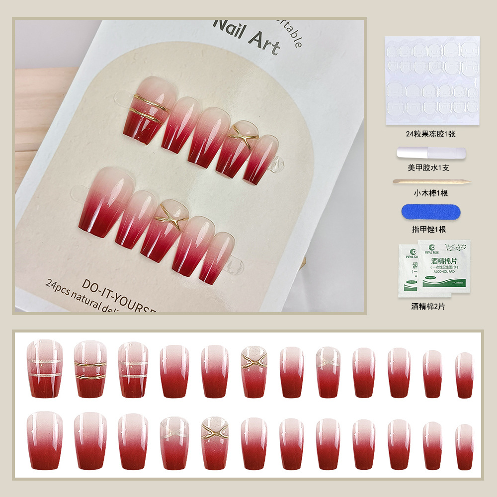Uñas postizas tridimensionales hechas a mano con fototerapia para decoración de uñas, piezas de decoración de uñas con degradado borgoña y efecto difuminado, pegatinas para uñas que realzan el blanco puro, 24 piezas