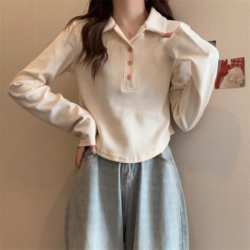 大码胖mm不规则polo领长袖T恤女秋季韩版修身显瘦遮肚减龄短上衣