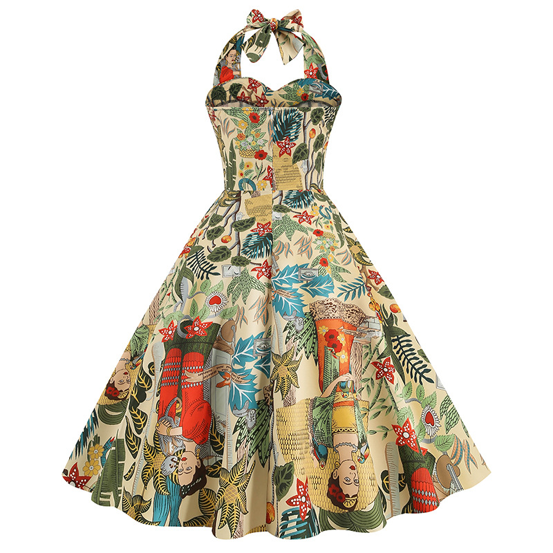 European And American Women's Hepburn Style Puff Skirt Dress Retro Print Halter Neck New 2026 Cross Border Exclusive_ecoleips.com