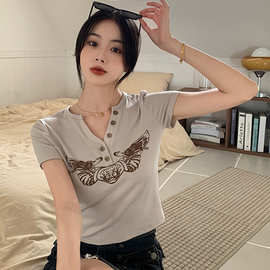 8461# 已出货 罗纹 夏季美式辣妹v领修身设计感小众短款