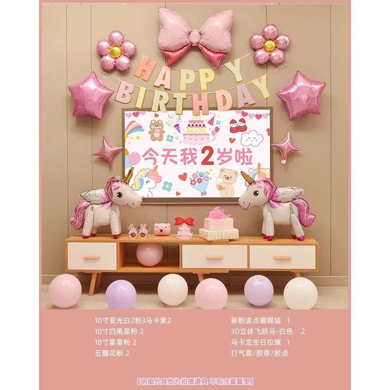 独角兽女孩生日装饰场景布置电视投屏儿童周岁卡通背景墙宝宝套餐|undefined