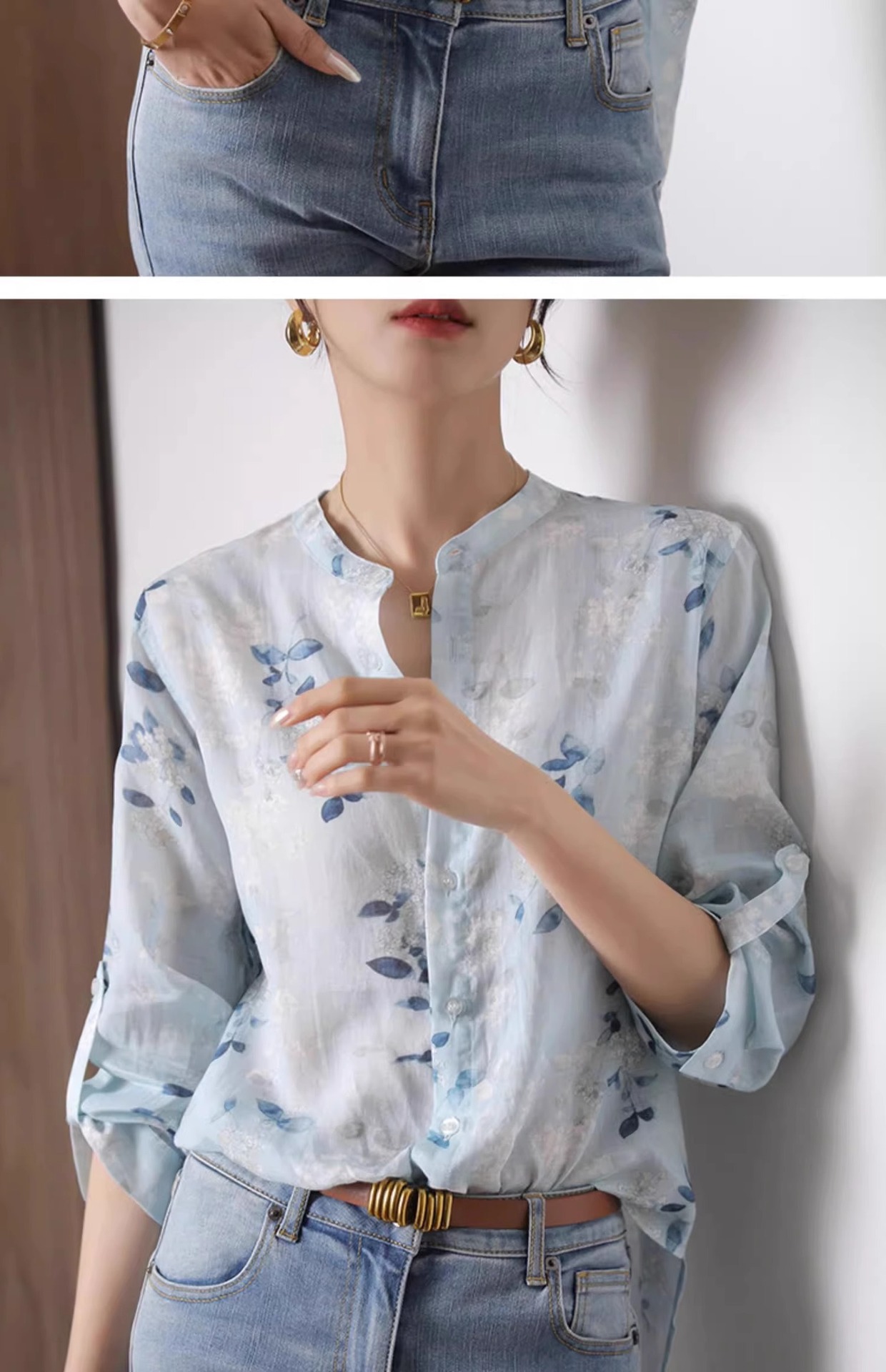 Áo sơ mi cotton in họa tiết tay lỡ nữ kiểu Chanel tôn dáng — Màu xanh da trời chi tiết 3