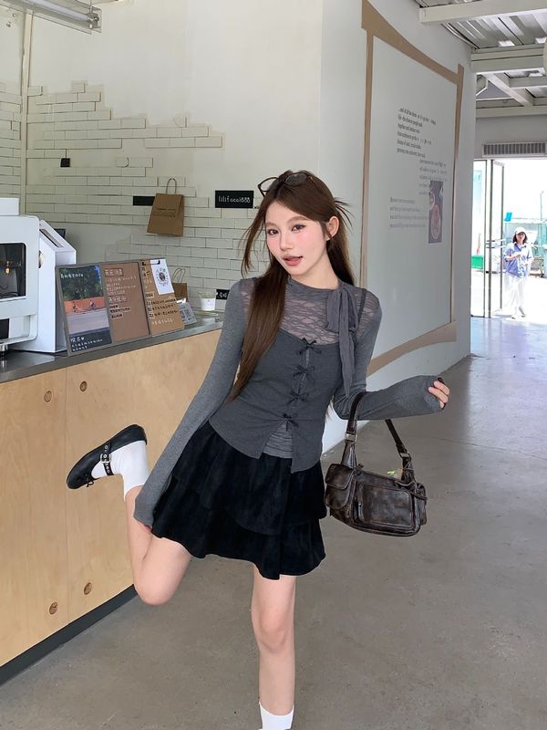 灰色辣妹蝴蝶结真两件长袖t恤女秋季设计感纯欲风修身打底衫上衣|undefined