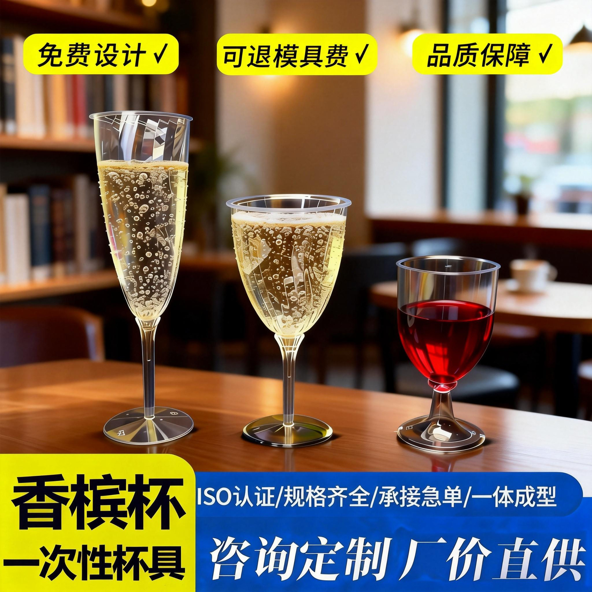 一体式斜纹高脚杯透明一次性香槟杯派对宴席聚餐鸡尾酒塑料杯子