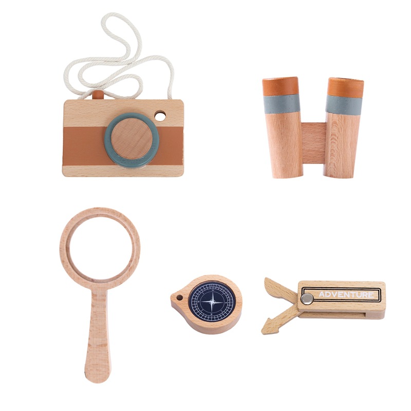 Juego de aventuras al aire libre divertido para niños, brújula de madera, lupa, cámara, educación temprana, juguetes cognitivos