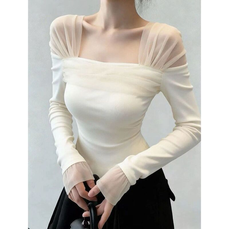 2026 Spring New Style Mesh Patchwork Long-Sleeved T-Shirt for Women, Stunningly Beautiful Short Top 2026 Spring New Style Mesh Patchwork Long-Sleeved T-Shirt for Women, Stunningly Beautiful Short Top