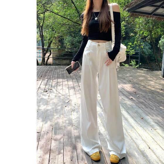 White High Waist Pleated Wide Leg Jeans Women's 2025 Summer Thin Loose Slimming Straight Drape Trendy Pants