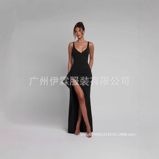 European and American Style New Women's Dress Sexy High Slit Deep V Neck Slimming Look Elegant Suspender Dress Dress