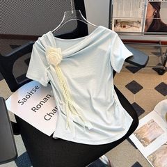2025 新しい夏の立体フラワー半袖 T シャツ女性のデザインニッチウエストプリーツスリムホットガールトップ