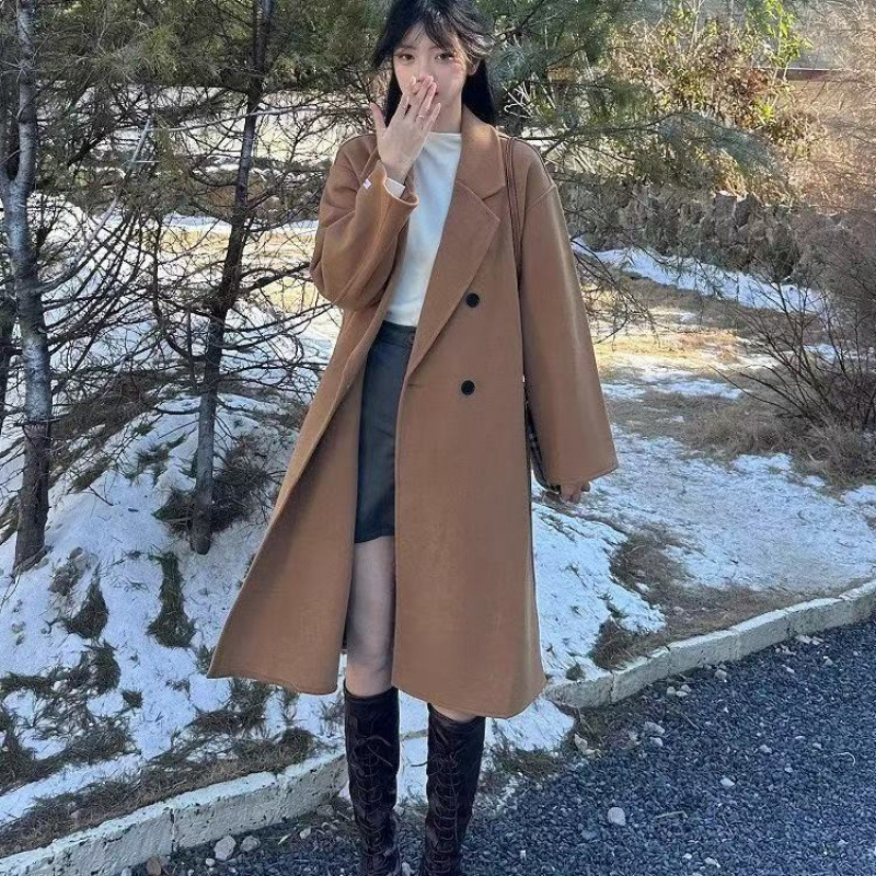 燕麦色高级感爆款毛呢外套女秋冬韩系中长款慵懒过膝呢子大衣ins|undefined