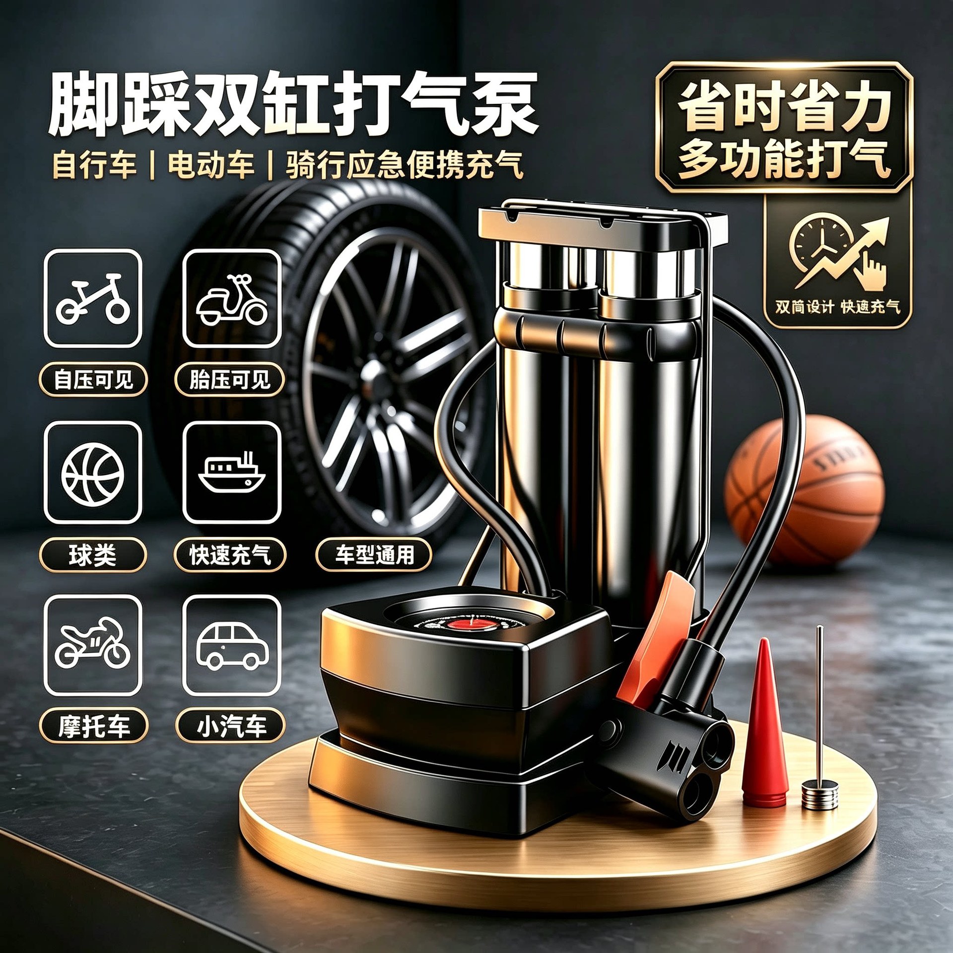 High-pressure bicycle pump, basketball pump, household air pump, portable pump, electric vehicle air hose, tire pump, multi-functional