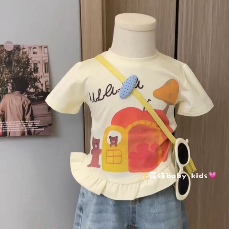 Girls' Lace-Trimmed Short-Sleeve T-Shirt 2026 Spring/Summer New Korean Style Children's Cartoon Print Top Ins