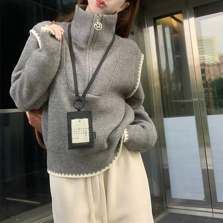 Korean Style Autumn and Winter New Half-Zip Turtleneck Sweater for Women, Loose Design, Unique and Chic Knit Top Korean Style Autumn and Winter New Half-Zip Turtleneck Sweater for Women, Loose Design, Unique and Chic Knit Top