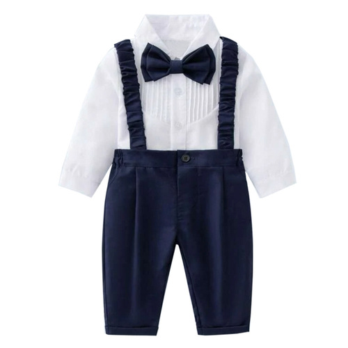 Cross-border spring and autumn new children's suit, boys 'suspenders, solid color long-sleeved bow tie, performance clothes, pleated children's wear on behalf