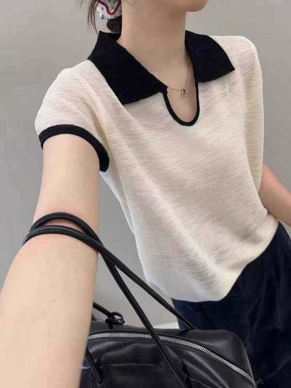竹节麻polo领撞色针织短袖上衣女2025夏季新时尚小众别致短款t恤|undefined