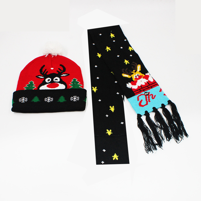 Fabricante transfronterizo de gorros navideños europeos y americanos tejidos en jacquard, gorros navideños de lana con luces LED, gorros navideños con pompón y bufandas. image 57