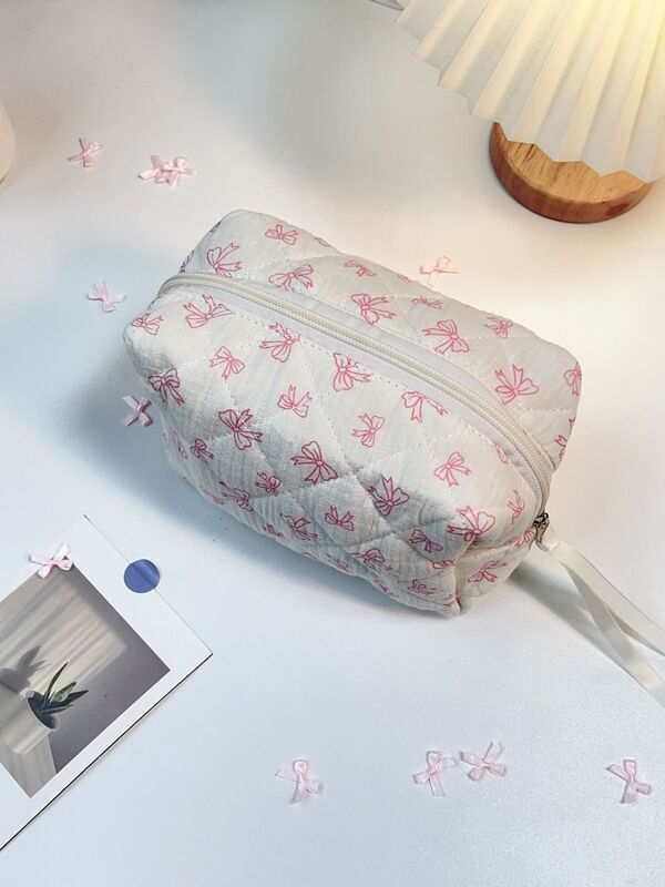 在庫あり ins 文学フレッシュ化粧品バッグリボンしわ布花柄トイレタリーバッグ旅行スキンケア製品収納袋|undefined