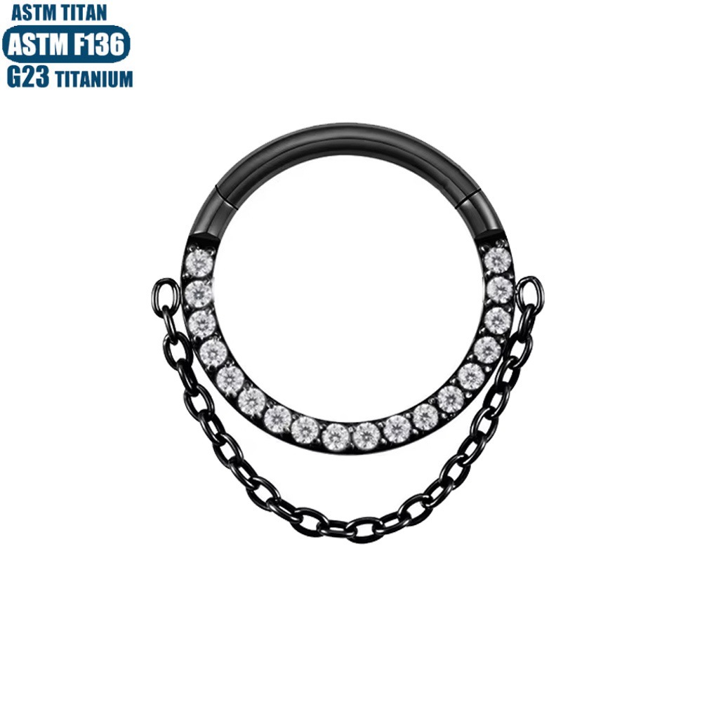 G23 Titanium Hinge Nose Ring with Zircon Chain Earrings - Seamless Open Ring Cartilage Septum Perforated Ear Ring Nose detail image 12