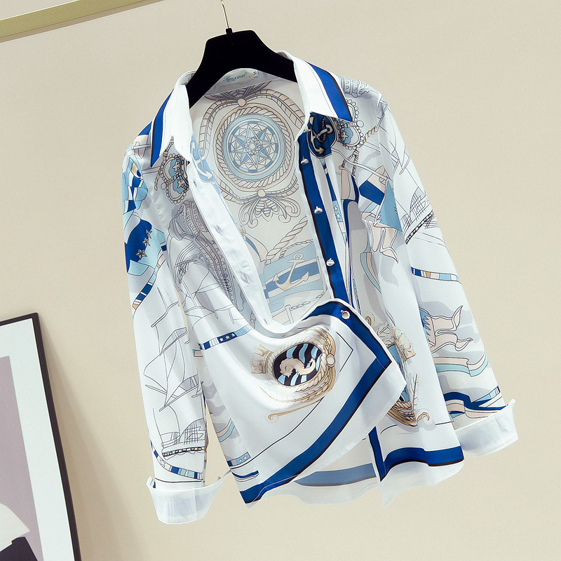 Women's Clothing 2024 early autumn real shot interesting printed chiffon shirt polo collar long sleeved floral commuter shirt women's tops_voghion.com
