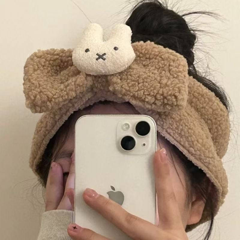 Nuevo producto a juego de color conejo de felpa con cinta para el cabello de felpa, lazo, accesorios para el cabello, máscara facial de estilo lindo de ala ancha, banda para el cabello