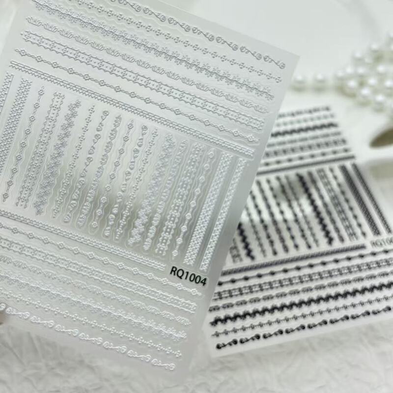 Fine Lace Nail Art Stickers, Black and White Small Flowers, Delicate Lines, Plaid Embossed Designs with Adhesive Backing, Nail Decoration Decals