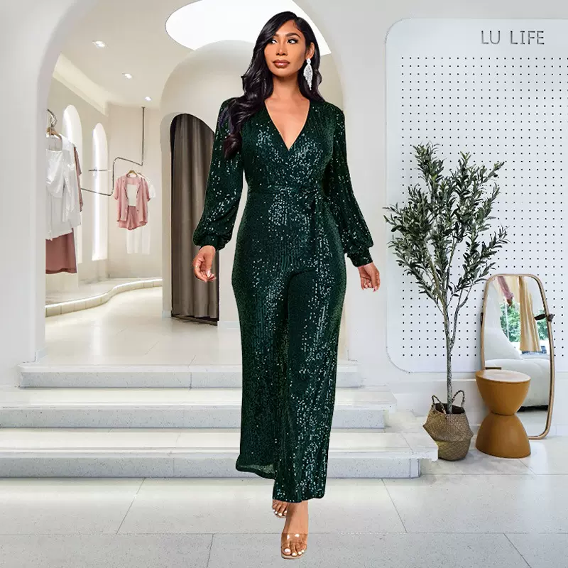 OEM欧美跨境女装长袖亮片连衣裤wish独立站时尚腰带阔腿连体裤女