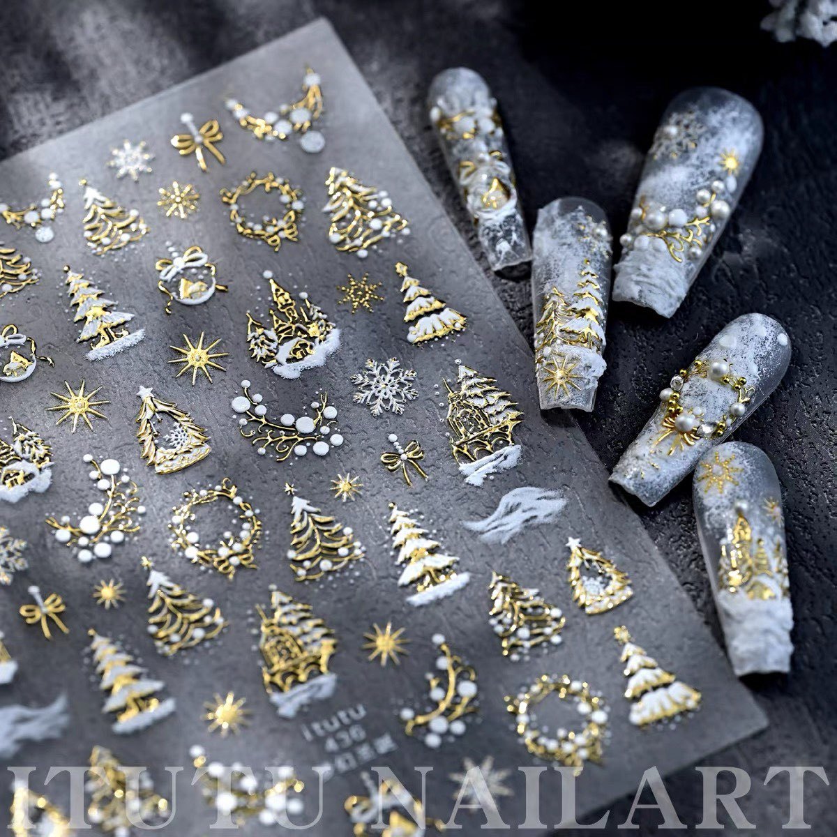 Cross-Border Manicure Embossed Gold and Silver Christmas White Snowflake Crystal Ball Castle Christmas Tree Nail Stickers