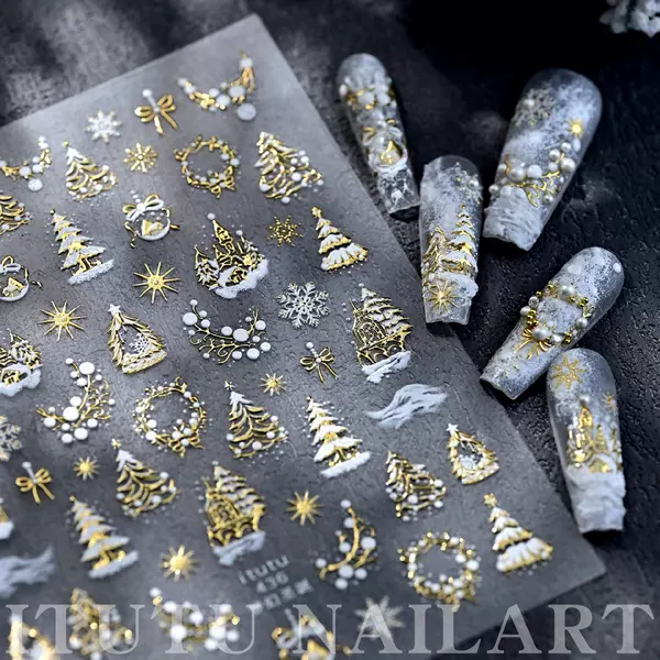 Cross-Border Manicure Embossed Gold and Silver Christmas White Snowflake Crystal Ball Castle Christmas Tree Nail Stickers
