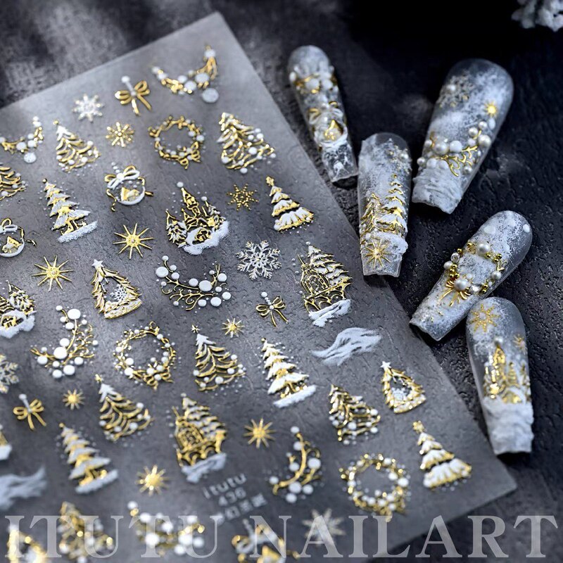 Cross-Border Manicure Embossed Gold and Silver Christmas White Snowflake Crystal Ball Castle Christmas Tree Nail Stickers Cross-Border Manicure Embossed Gold and Silver Christmas White Snowflake Crystal Ball Castle Christmas Tree Nail Stickers