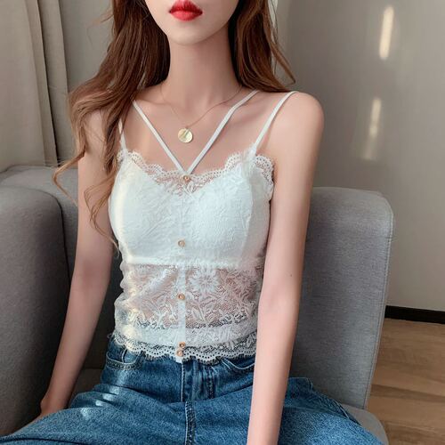 Button long sling lace five-button cross beautiful back and chest women's spaghetti straps thin off-shoulder vest bottoming underwear