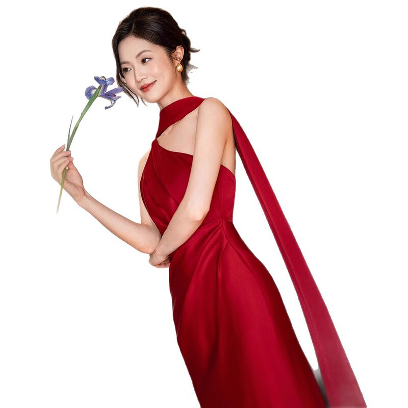 红色新品单肩订婚礼服裙新中式高级感新娘晨袍轻奢小众婚礼敬酒服|undefined