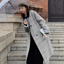 撞色翻领格纹双面呢子大衣女装过膝长款秋冬新款高端复古毛呢外套