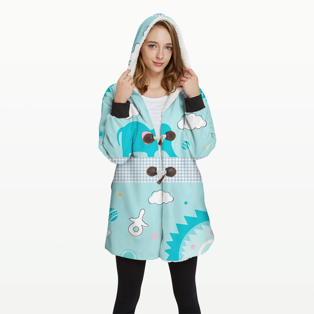 Женская длинная куртка Amazon, хлопковое пальто с капюшоном, графическая хлопковая флисовая утолщенная мультяшная цифровая печать