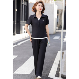 Summer Casual Suit Fashionable Mother's Wear Thin Short-Sleeved Splicing Top and Pants Two-Piece Set for Middle-Aged and Elderly Women