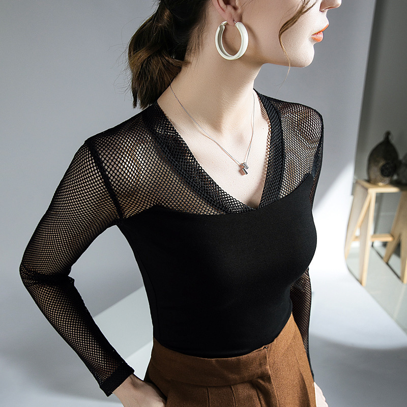 Mesh Stitching Top V-Neck Early Autumn New Black Long Sleeve Base Shirt Slightly Transparent