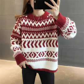 红色圣诞洋气软糯毛衣女新年秋冬季加厚复古宽松慵懒风圆领针织衫