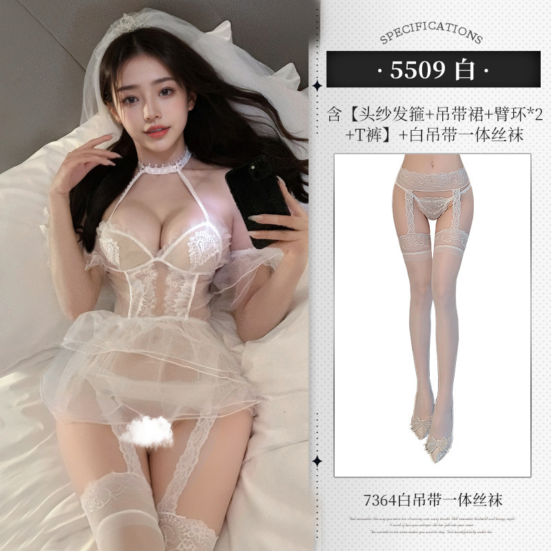 흰색 [베일 머리띠 + 서스펜더 스커트 + 완장*2 + T바지] + 흰색 서스펜더 양말