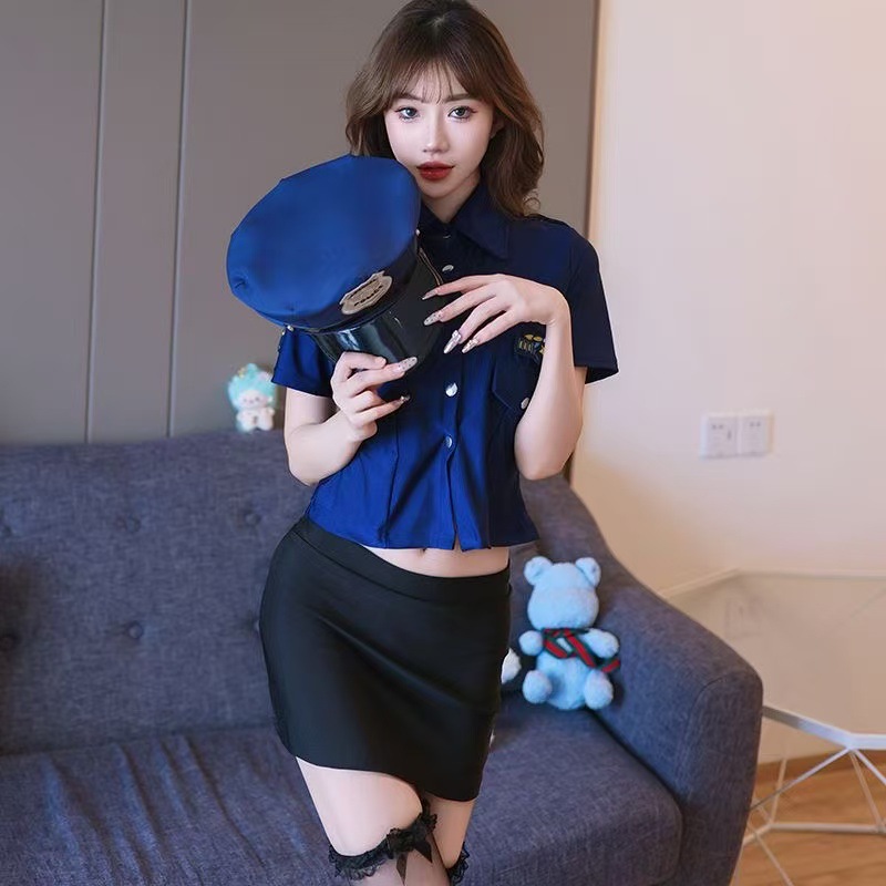 Policewoman & Flight Attendant Cosplay Lingerie Set with Top, Skirt, Thong & Hat — detail image 6