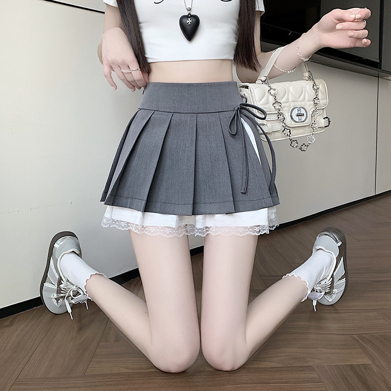 纯欲蕾丝花边拼接百褶半身裙女夏季辣妹小众蝴蝶结设计感A字短裙|undefined