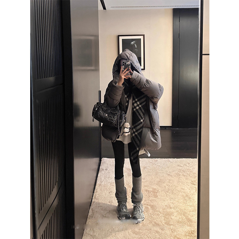 灰色90白鸭绒羽绒服女2025秋冬中长款休闲宽松加厚连帽高级感外套|undefined