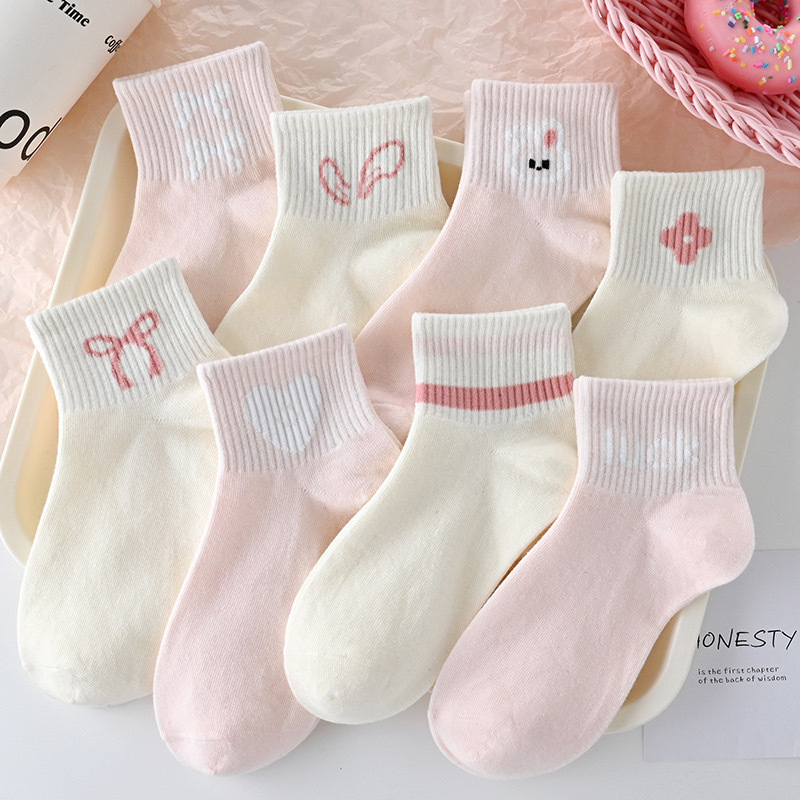 Pink Kidsren's Socks Spring & Fall Mid-Length Breathable Mid-Length Socks for Middle-Aged Girls, Primary School Students, High-Waisted Junior High School Girls' Cute Socks