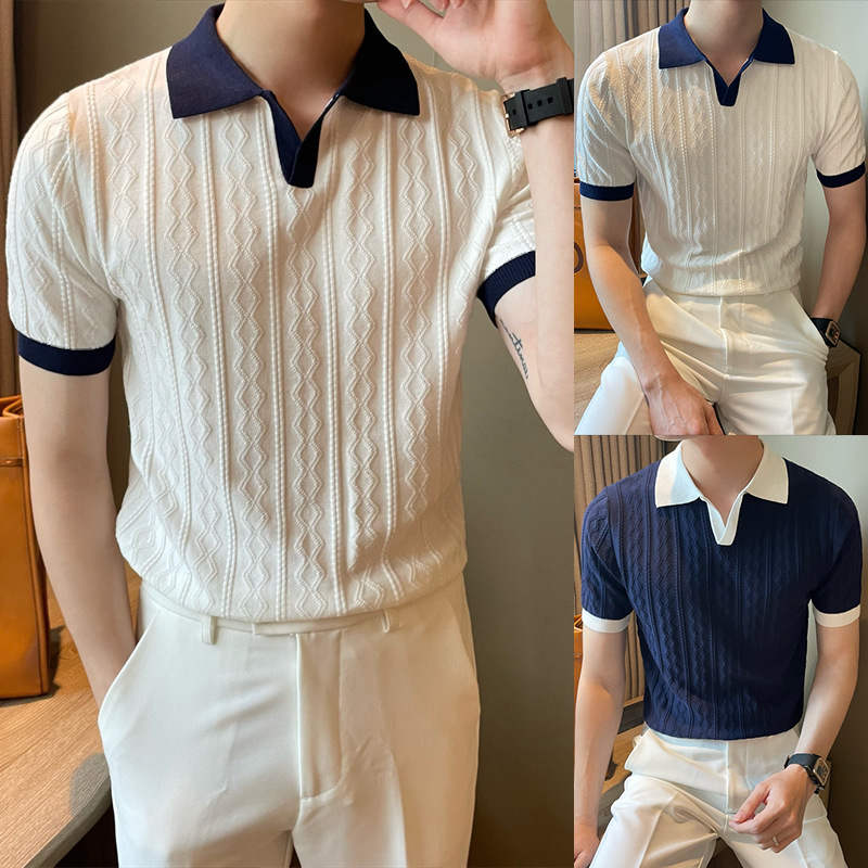 Polo camiseta de punto camiseta de manga corta hombre cuello en V cuello gaviota color de textura vieja camiseta de viento de verano fábrica transfronteriza al por mayor
