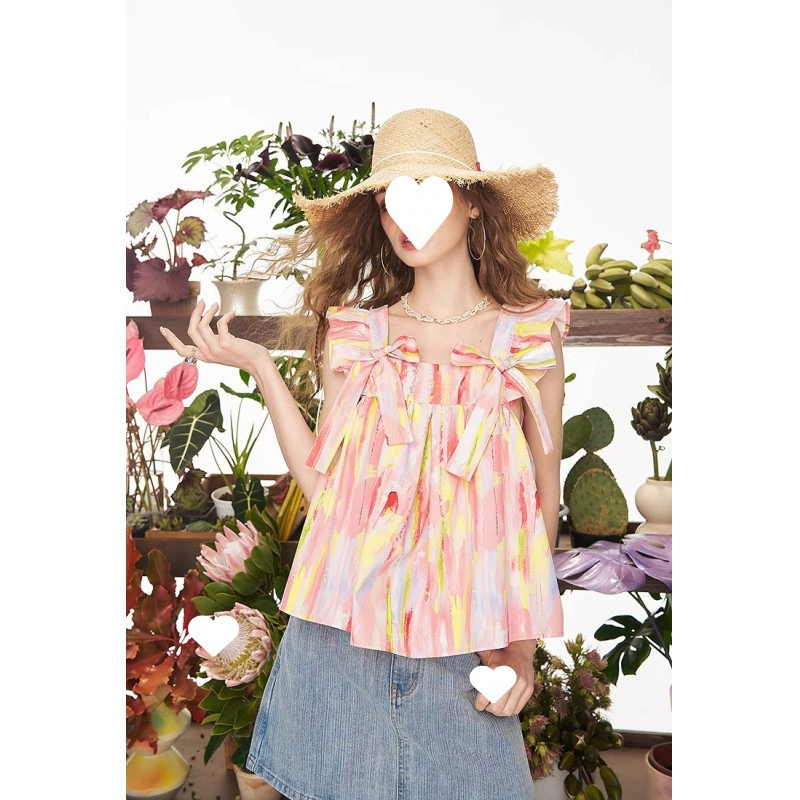 Женская рубашка с французским бантом и маленькими летящими рукавами, масляная живопись, лето 2025, новый дизайн, легко сочетается