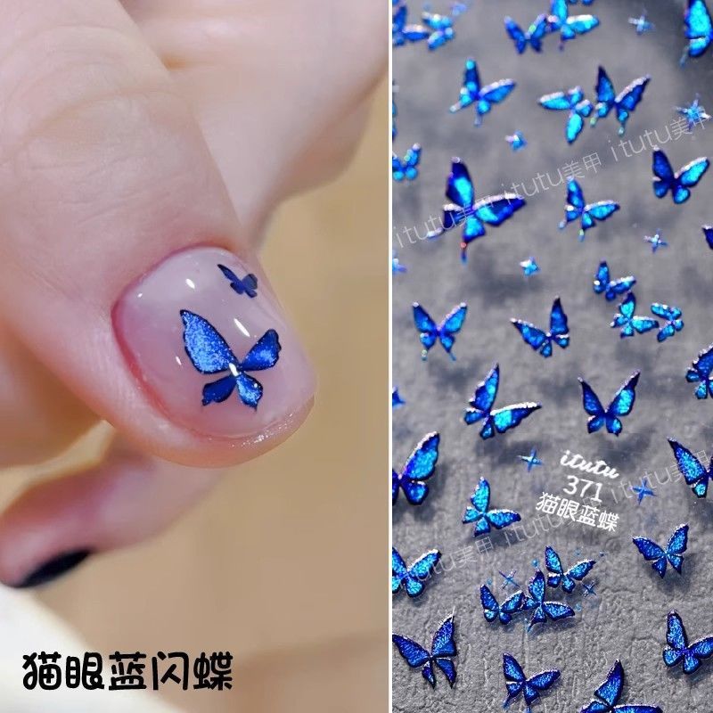 新しいキャッツアイモルフォスネイルアートステッカー、小さな青い蝶、妖精の蝶、緑の蝶、指先の小さなパターン、粘着ステッカー|undefined