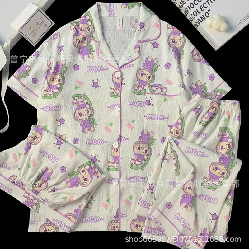 Hermosos pijamas de tela de rabu mujeres primavera y otoño verano nubes de algodón dulce mangas cortas pantalones cortos de tres piezas ropa para el hogar