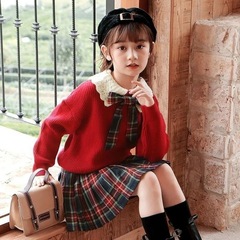 Girls autumn and winter suit skirt spring new style children's college style knitted pullover sweater fashionable pleated skirt
