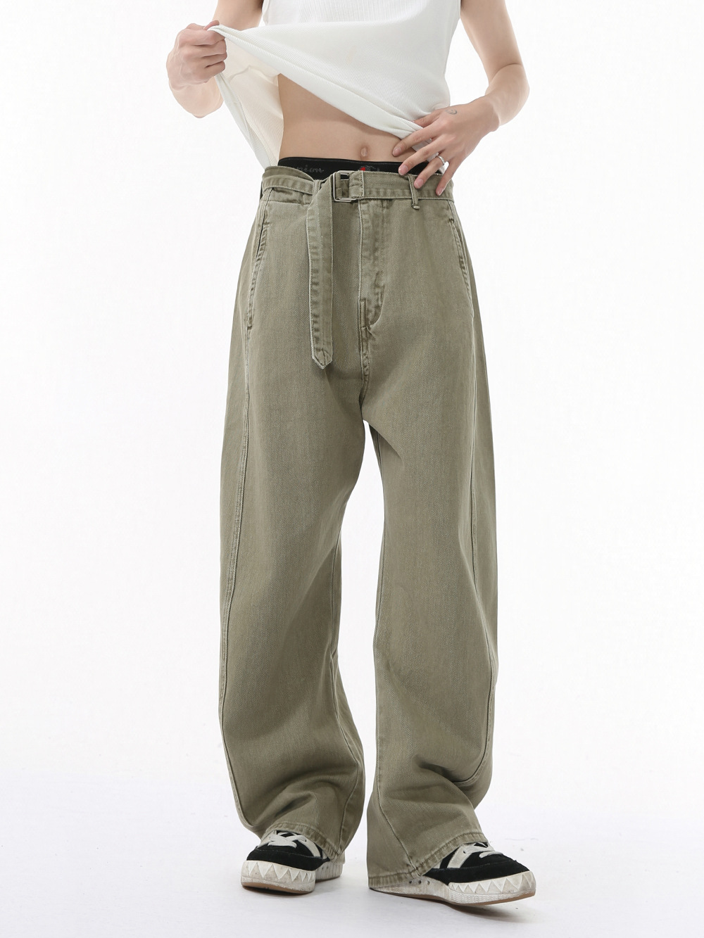 MTLCLOTHES para hombre | Nuevo estilo coreano casual cleanfit color sólido con cinturón jeans sueltos rectos