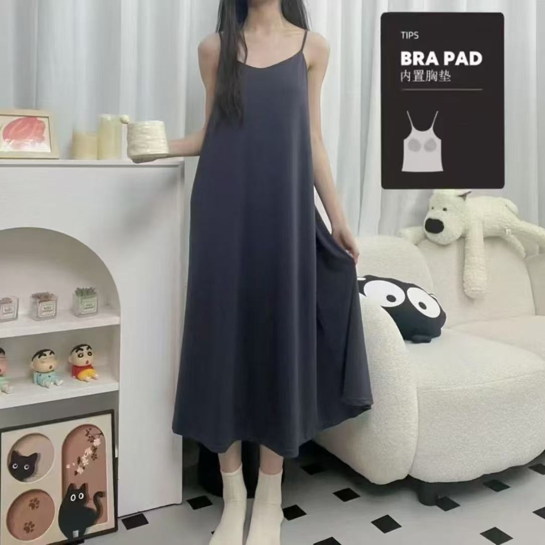 Spring New Style Comfortable Solid Color Loose Women's Nightgown Home Wear Casual Wearable Sexy Long Skirt Suspender Skirt Pajamas