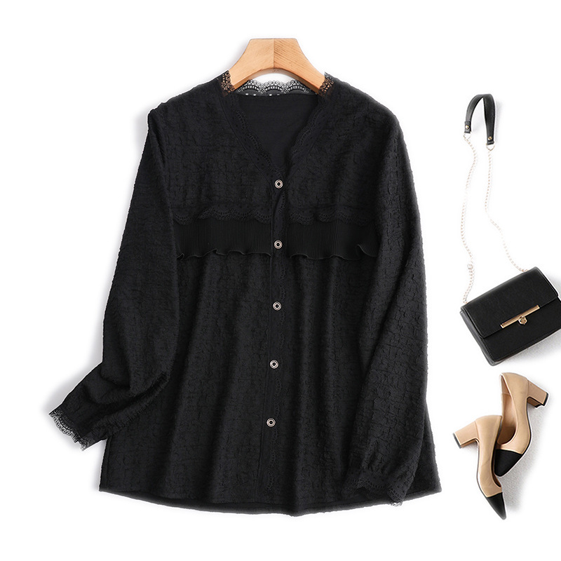 Wholesale autumn and winter V-neck European Station British casual seersucker stitching lace single-breasted solid color plus size shirt