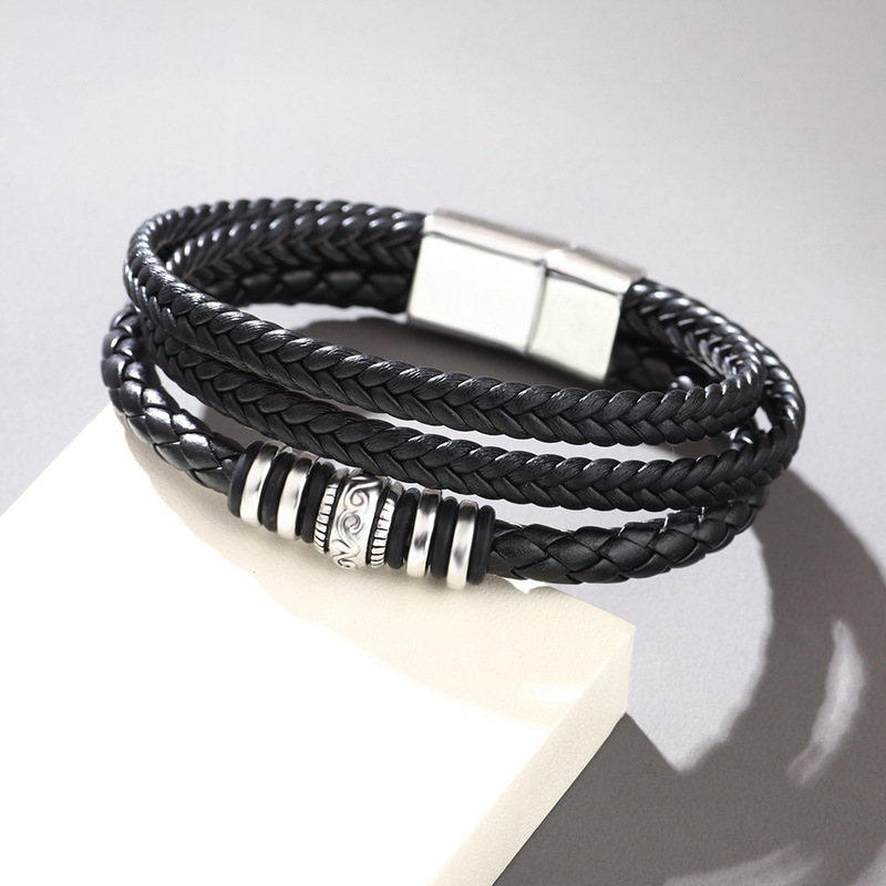 Cross-Border Supply Leather Bracelet Laser Metal Ring Magnetic Buckle Bracelet Multi-Layer Braided Pu Leather Hand Ornament Proofing Customization Cross-Border Supply Leather Bracelet Laser Metal Ring Magnetic Buckle Bracelet Multi-Layer Braided Pu Leather Hand Ornament Proofing Customization